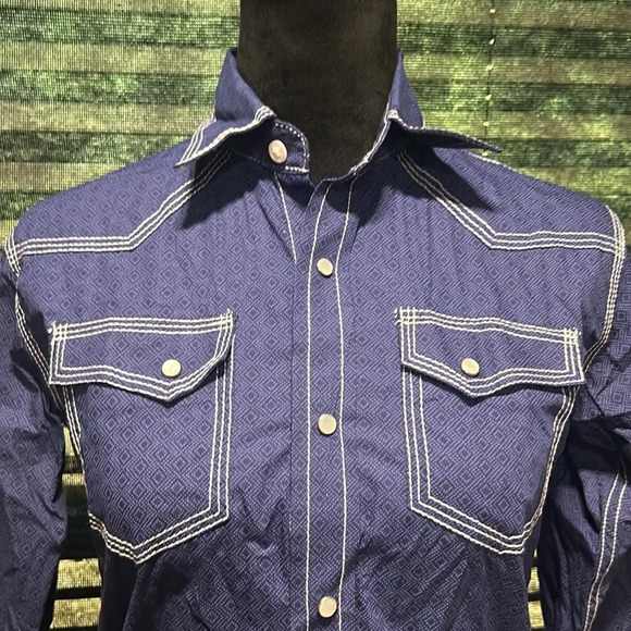 Cowboy Legend Boys Blue w White Stitching Long Sleeve Pearl Snap Shirt Large - Picture 6 of 8